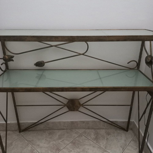 Console with mirror used, gold shade, frosted glass top