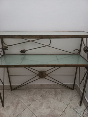 Console with mirror used, gold shade, frosted glass top