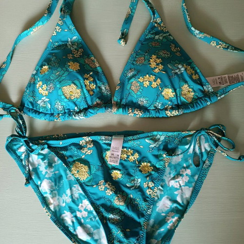 Marks and Spencer women's swimsuit used, blue with gold embroidery