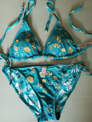 Marks and Spencer women's swimsuit used, blue with gold embroidery