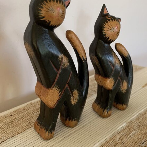 Set of two handmade wooden cat figurines new