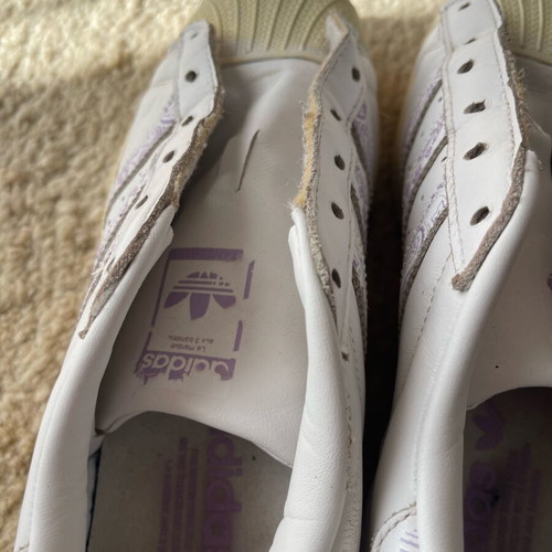 Adidas Superstar sneakers used, white with vintage stripe pattern, size 39
