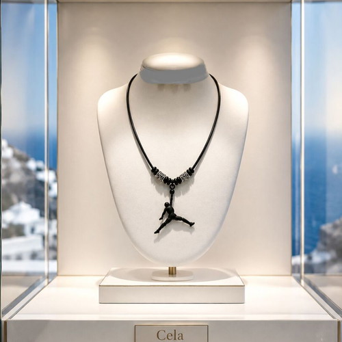 Handmade Unisex Necklace with JORDAN element, black leather cord, silver beads