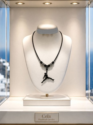 Handmade Unisex Necklace with JORDAN element, black leather cord, silver beads