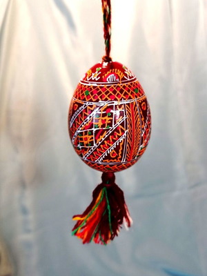 Handmade Wooden Decorative Egg Pysanka like new with Hanging Cord