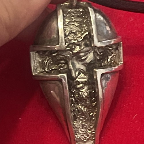 Stavros pendant with Christ depiction silver mass handcrafted used with leather cord