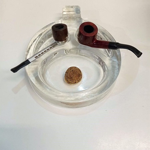 Large ashtray for 2 tobacco pipes like new, glass and cork