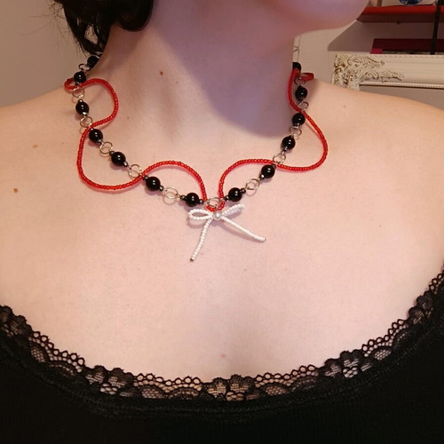 Handmade beaded necklace red, black and white made to order