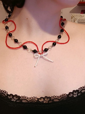 Handmade beaded necklace red, black and white made to order