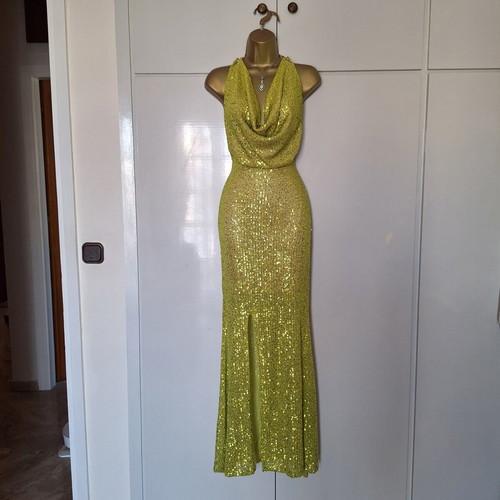 Mya dress new with tags size small lime green sequin with gold chain back