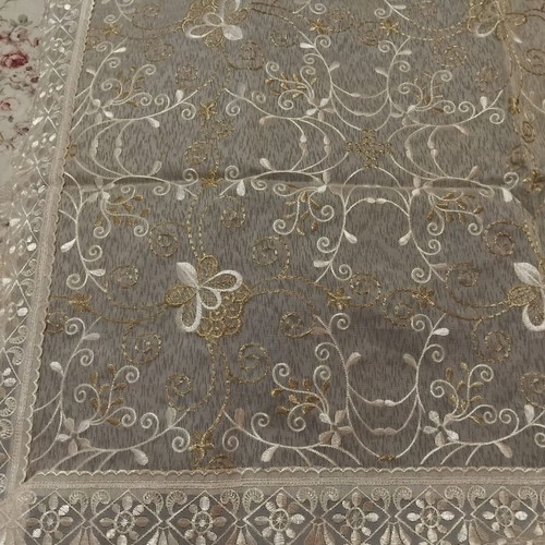 Tablecloth new, 80x80 cm, transparent tulle with gold floral embroidery and lace