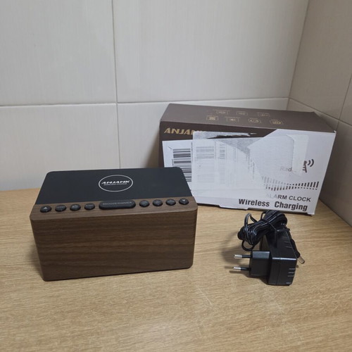 Anjank Wooden Digital LED Alarm Clock with FM Radio and Wireless Charger
