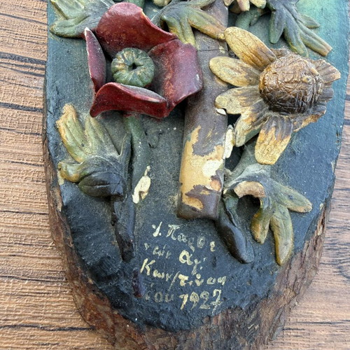 Carved Icon 1927 used, with flower damage