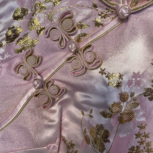 Qipao dress pink satin with gold floral patterns new, size XXXS