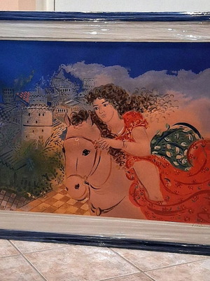 Μεγάλη μεταξοτυπία Γιώργου Σταθόπουλου σαν καινούργια με θέμα κοπέλας σε άλογο