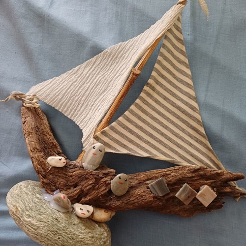Handmade decorative ship from driftwood and pebbles, new