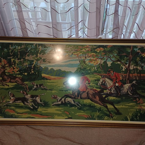 Handmade Embroidered Tapestry Hunting with Horses Vintage Gobelin