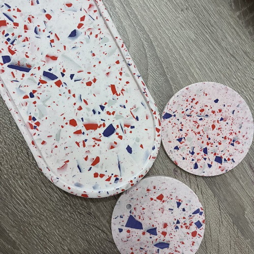 Handmade tray and coasters set with terrazzo mosaic effect, like new
