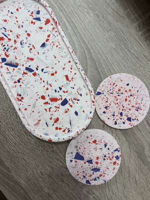 Handmade tray and coasters set with terrazzo mosaic effect, like new