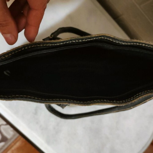 Handbag used with beige-brown stripes, plastic fabric