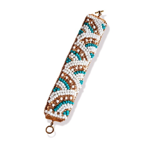 Embroidered leather bracelet new, white and turquoise