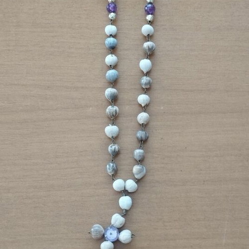 Handmade rosary prayer beads with wood and purple stones, 38 cm, new