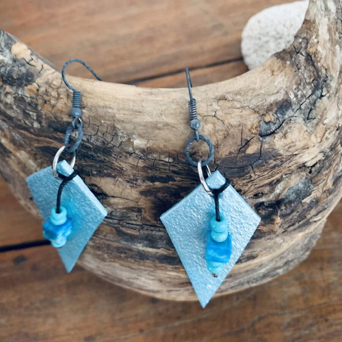 Handmade earrings with leather, new, black and turquoise