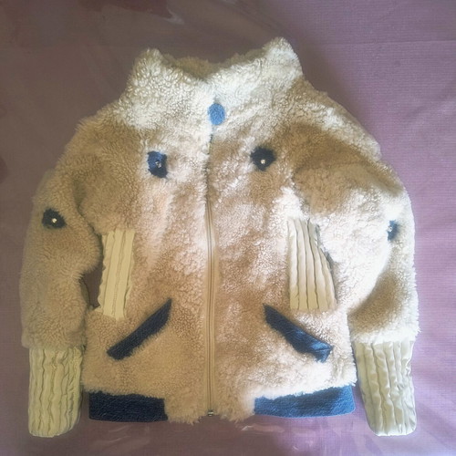 Children's mouton fur jacket new, leather and denim, ages 2 to 4, beige