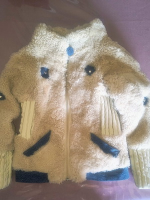 Children's mouton fur jacket new, leather and denim, ages 2 to 4, beige
