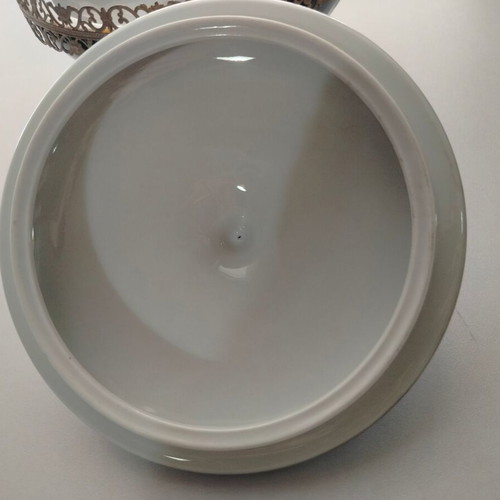 Porcelain fondue pot with green floral pattern Scherzer Bavaria-Germany used