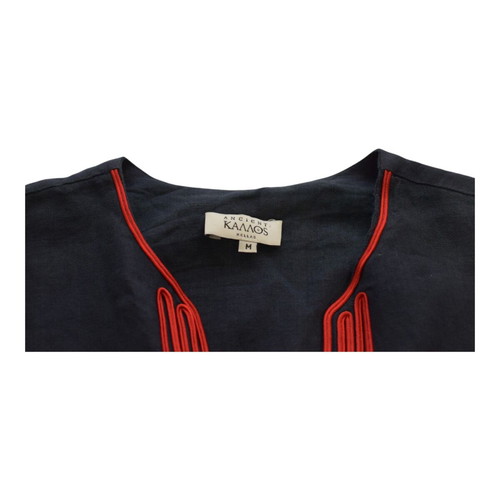 Ancient Kallos Athena Cord Long Linen Dress Blue with Red Embroidery M Like New
