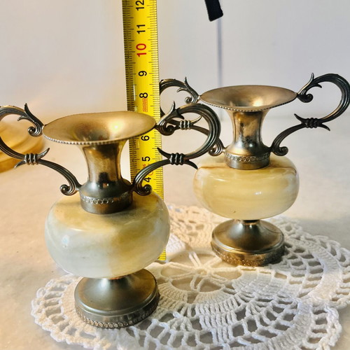 Collectible mini amphorae set of 2 used, onyx and bronze, 8cm