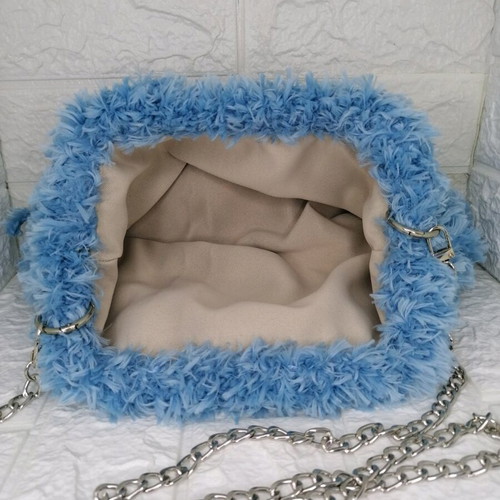 Puffy fur handbag new blue turquoise with chain