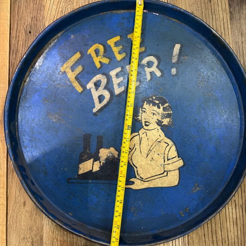 Vintage metal tray "Free Beer" used, retro pub decor