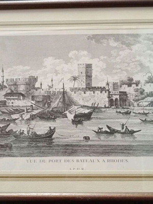 Χαρακτικό «Vue du port des bateaux a Rhodes» του J.B. Hilair σε ξύλινη κορνίζα