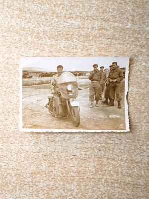 Military motorcycle and Greek soldiers vintage photo used