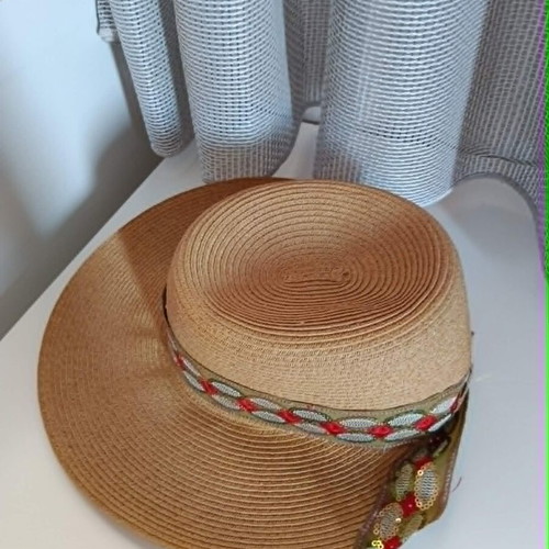 Straw hat with ribbon used, size L, brown