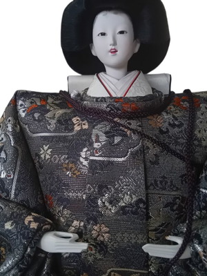Geisha doll with traditional silk costume and clay head and hands, like new