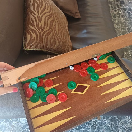 Vintage wooden 2-in-1 backgammon and chess set with checkers and dice