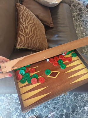 Vintage wooden 2-in-1 backgammon and chess set with checkers and dice