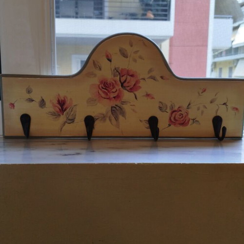 Wooden wall hanger used, 40 cm, four hooks, floral design