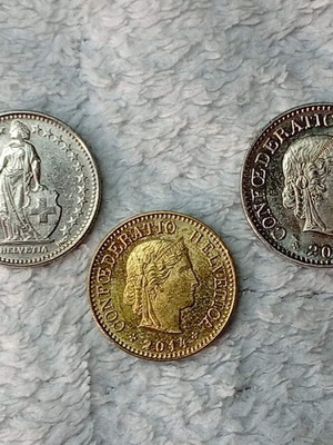 Swiss coins used, set of 3, 2014 5 Rappen 10 Rappen ½ Franc