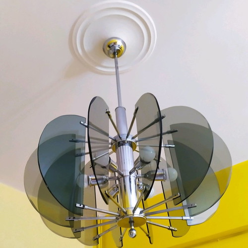 Inox ceiling chandeliers with glass, 6 lights, used