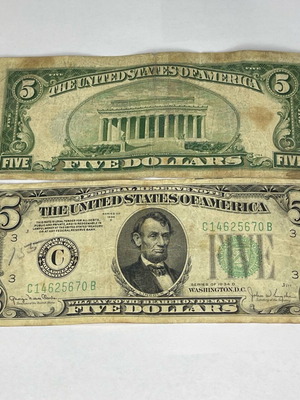 FR. 1952 Dollar $5 1928-B and 1934-D Federal Reserve like new