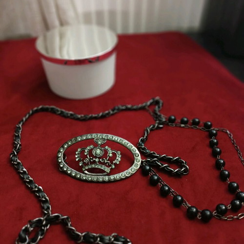 Denny Rose belt used with rhinestone crown and adjustable chain with pearls