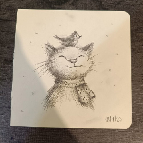 Handmade sketch of cat and bird like new