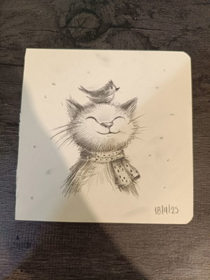 Handmade sketch of cat and bird like new
