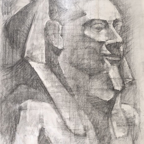 Original Charcoal Drawing on Ingres Paper Pharaoh Akhenaton Bust like new