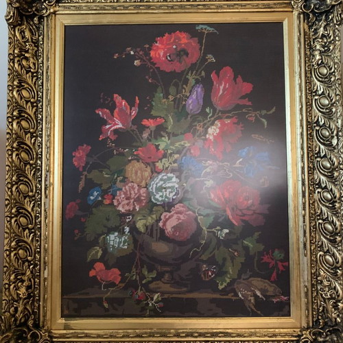 Embroidered flower painting used with wide frame 100x80 cm