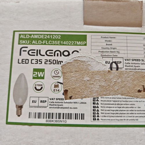 Feileman C35 E14 LED Light Bulbs 2W 2700K Pack of 6 New